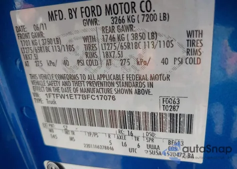 2011 Ford F150 Xlt z USA, uszkodzony, nr VIN 1FTFW1ET7BFC17076